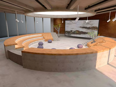 Conference Room Interior Design With Circular Wooden Table Purple Cushions Large Screen And Windows 3d model