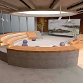 Conference Room Interior Design With Circular Wooden Table Purple Cushions Large Screen And Windows
