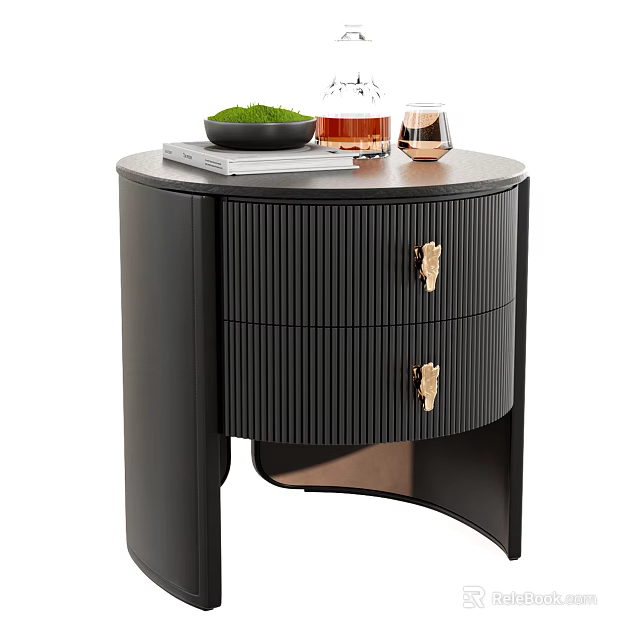 Black Ribbed Drawer Bedside Table With Golden Handles Tray Glass And Green Plant 3d model 