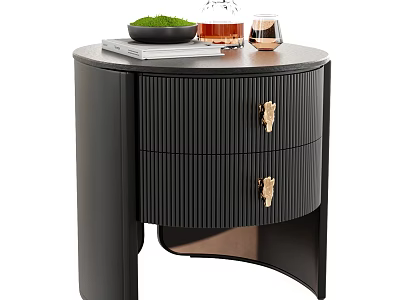 Black Ribbed Drawer Bedside Table With Golden Handles Tray Glass And Green Plant 3d model