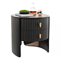 Black Ribbed Drawer Bedside Table With Golden Handles Tray Glass And Green Plant