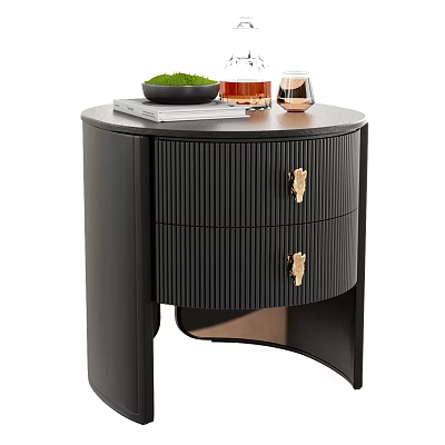 Black Ribbed Drawer Bedside Table With Golden Handles Tray Glass And Green Plant 3d model