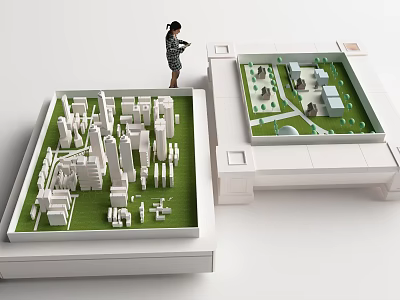 Professional Commercial Architectural Models Featuring Urban Buildings Green Spaces And Person Standing Nearby 3d model