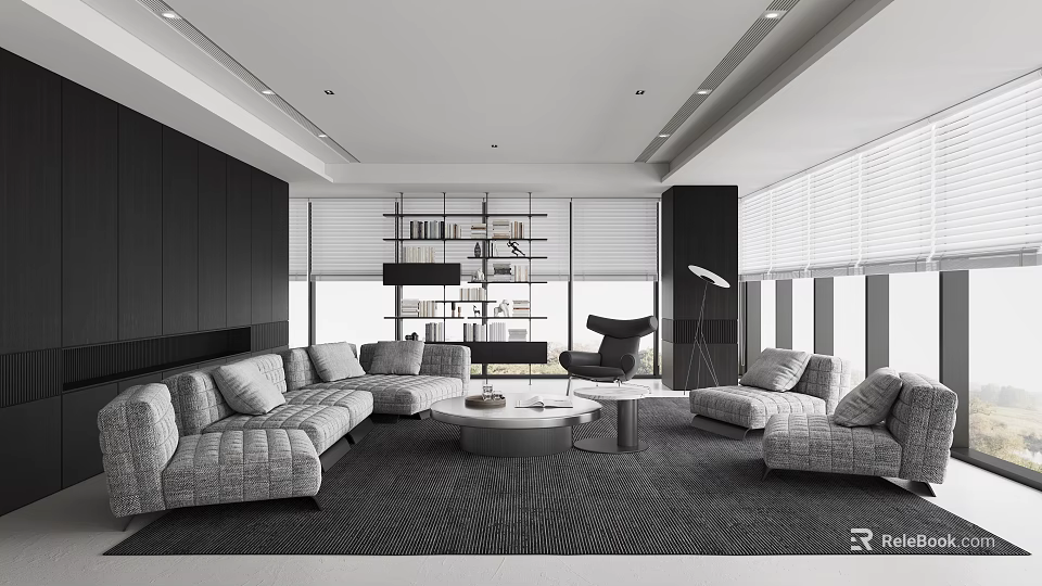 Modern Living Room Interior With Grey Sofa Round Coffee Table Bookshelf And Floor Lamp 3d model 