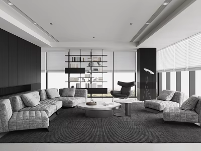 Modern Living Room Interior With Grey Sofa Round Coffee Table Bookshelf And Floor Lamp 3d model