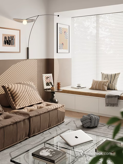 Modern Brown Sectional Sofa in Cozy Living Room with Pillows Side Table and Blinds 3d model 