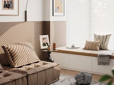 Modern Brown Sectional Sofa in Cozy Living Room with Pillows Side Table and Blinds 3d model