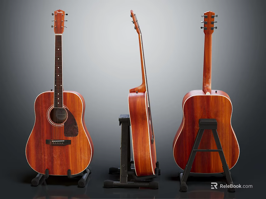 Wooden Acoustic Guitars As Musical Instruments Display From Different Angles On Stands 3d model 