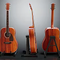 Wooden Acoustic Guitars As Musical Instruments Display From Different Angles On Stands