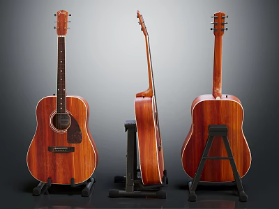 Wooden Acoustic Guitars As Musical Instruments Display From Different Angles On Stands 3d model