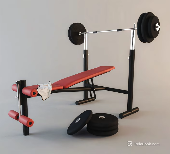 Fitness Equipment Adjustable Weight Bench With Red Cushion And Barbell Plates 3d model 