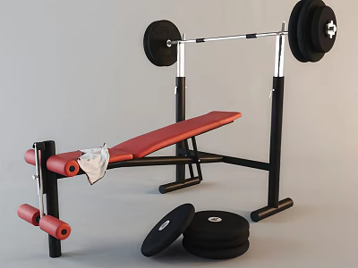 Fitness Equipment Adjustable Weight Bench With Red Cushion And Barbell Plates 3d model