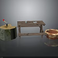 Rustic Outdoor Wooden Picnic Table Setup With Stump Axe Clay Pot And Bench