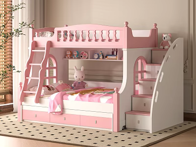 Pink White Kids Bunk Bed With Ladder Stairs Storage Drawers And Stuffed Toys 3d model