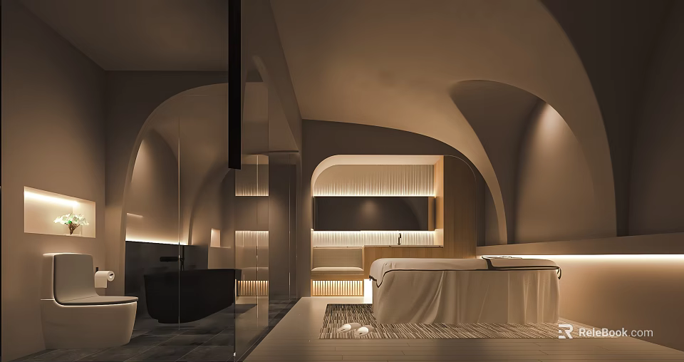 Modern SPA Sauna Interior Design With Massage Bed Bathtub Arched Structures And Soft Lighting 3d model 