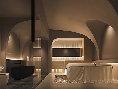 Modern SPA Sauna Interior Design With Massage Bed Bathtub Arched Structures And Soft Lighting 3d model
