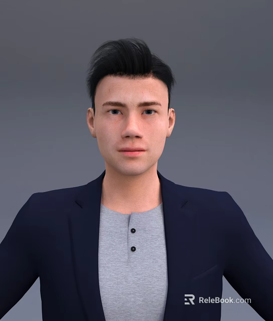 Portrait of a man wearing dark blue blazer and gray T-shirt against gray background 3d model 