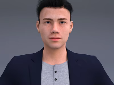 Portrait of a man wearing dark blue blazer and gray T-shirt against gray background 3d model