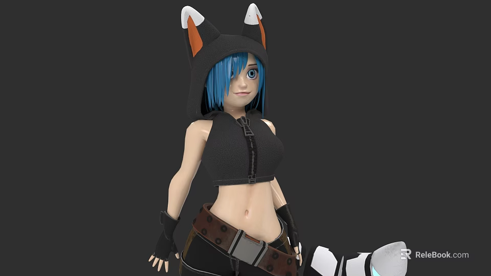 Game And Movie Character With Blue Hair Black Hoodie White Orange Fox Ears And Tail 3d model 