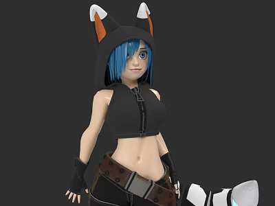 Game And Movie Character With Blue Hair Black Hoodie White Orange Fox Ears And Tail 3d model