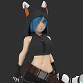 Game And Movie Character With Blue Hair Black Hoodie White Orange Fox Ears And Tail