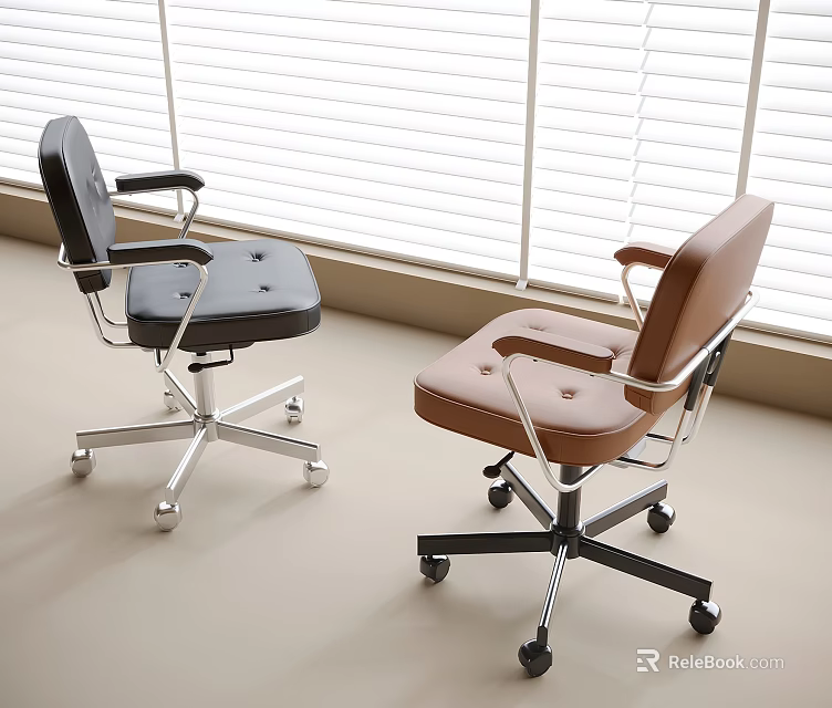 Stylish Black and Brown Office Chair Featuring Leather Metal Frame and Wheels Near Window Blinds 3d model 