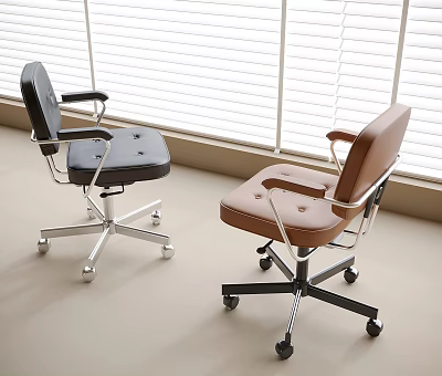 Stylish Black and Brown Office Chair Featuring Leather Metal Frame and Wheels Near Window Blinds 3d model