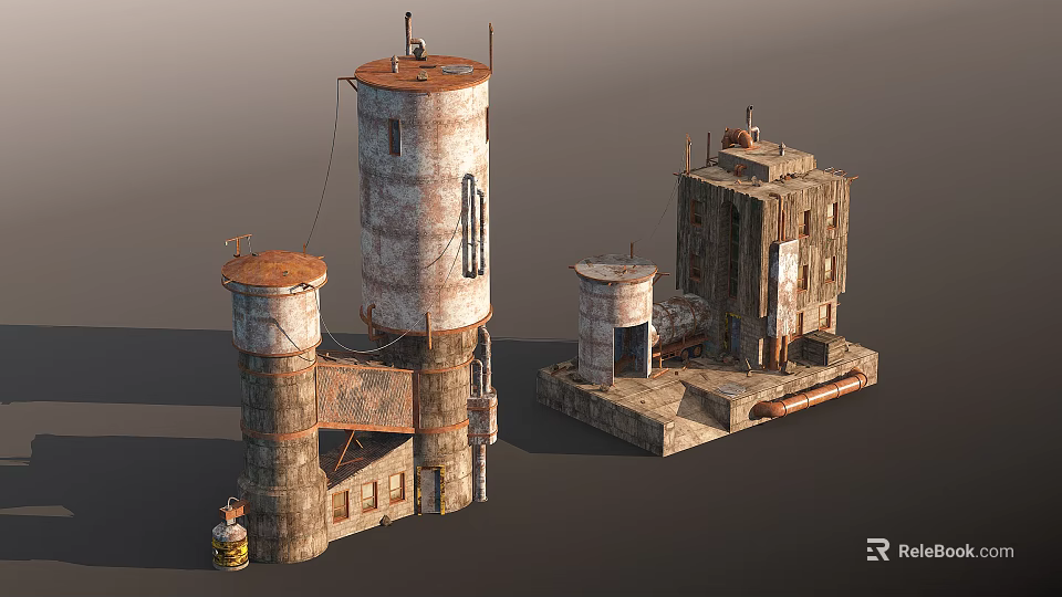 Abandoned Industrial Building Components With Cylindrical Water Towers Tower Structures And Connected Pipes 3d model 