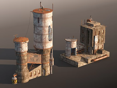 Abandoned Industrial Building Components With Cylindrical Water Towers Tower Structures And Connected Pipes 3d model