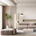 Modern Living Room Interior Design With Beige Sofa Round Wall Art Plants And Floor Lamp