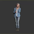 Woman Talking On Phone With Blue Polka Dot Coat White Top Blue Jeans Green Shoes