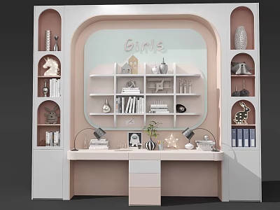 Modern Pink And White Desk With Open Shelves Arch Mirror And Decorative Items 3d model