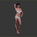 White Lingerie Model Posing With One Hand On Head And White Heels