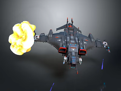 Futuristic Spaceship With Yellow Thruster Flames And Dark Metallic Design Details 3d model