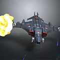 Futuristic Spaceship With Yellow Thruster Flames And Dark Metallic Design Details