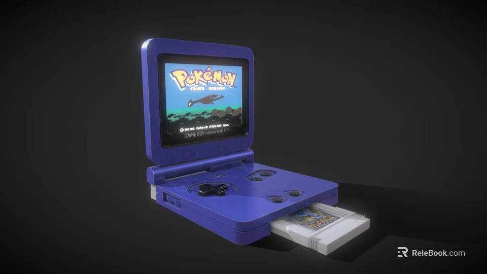 Blue Handheld Game Console With Pokémon Display Screen And Inserted Game Cartridge 3d model 