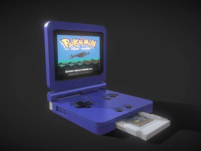 Blue Handheld Game Console With Pokémon Display Screen And Inserted Game Cartridge 3d model