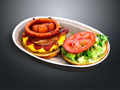 Juicy Burger with Onion Ring Bacon Cheese Tomato and Fresh Lettuce 3d model