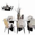 Modern Dining Table Set with Patterned Chairs Glass Top Decorative Vases Wine Glasses and Tableware 3d model
