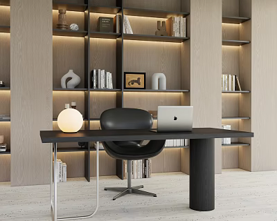 Modern Home Office Desk And Chair Set With Bookshelves Laptop And Table Lamp 3d model