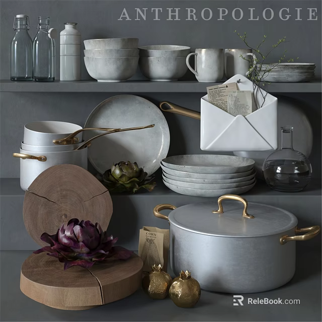 Stylish Kitchenware Collection With Gold Handles On Grey Shelves Including Bowls Plates And Pots 3d model 