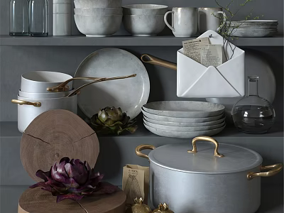 Stylish Kitchenware Collection With Gold Handles On Grey Shelves Including Bowls Plates And Pots 3d model