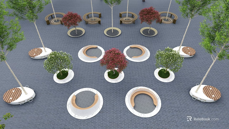 Circular Outdoor Chairs Arranged With Trees On Blue Brick Ground And White Edges 3d model 
