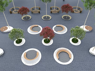 Circular Outdoor Chairs Arranged With Trees On Blue Brick Ground And White Edges 3d model