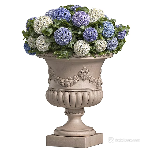 Classic Ornate Vase Featuring Blue White Hydrangeas And Fresh Green Leaves 3d model 
