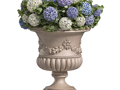 Classic Ornate Vase Featuring Blue White Hydrangeas And Fresh Green Leaves 3d model