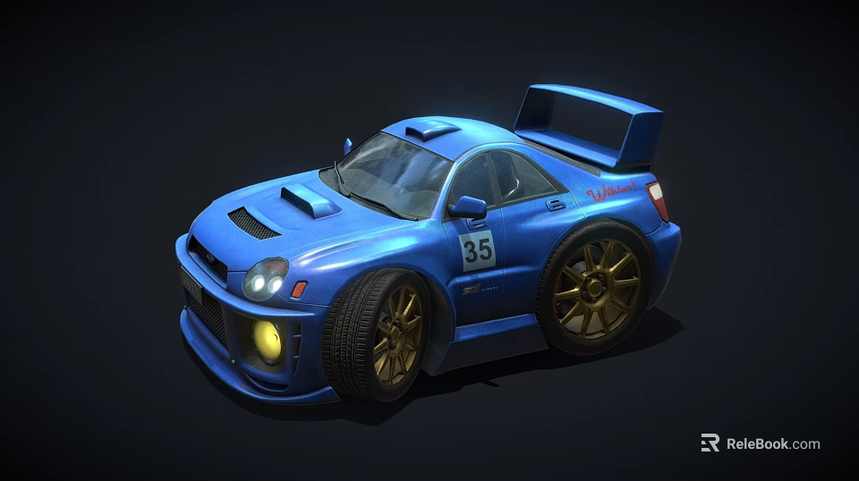 Kids Blue Toy Race Car With Number 35 And Gold Wheels 3d model 