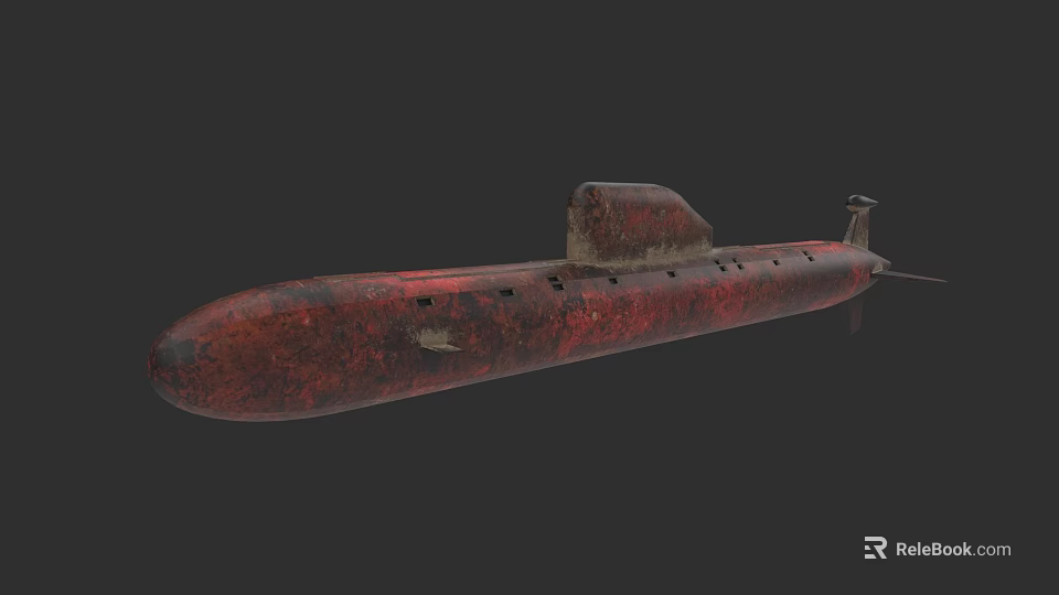 Rusted Red Military Submarine Vessel With Weathered Exterior And Command Tower 3d model 