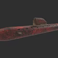 Rusted Red Military Submarine Vessel With Weathered Exterior And Command Tower