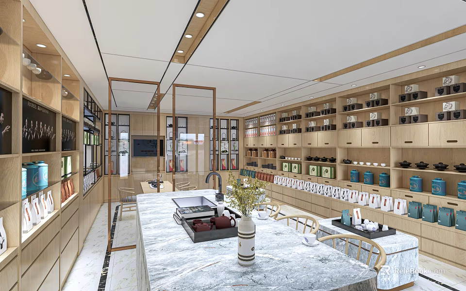 Specialty Store Interior With Wooden Shelves Various Jars Products And Marble Counter Island 3d model 